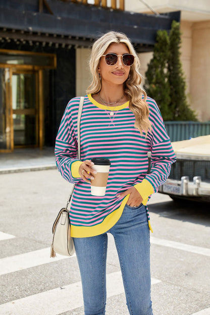 Striped Color-Block Slit Long-Sleeve Top - Multi-Color Casual Women's T-Shirt