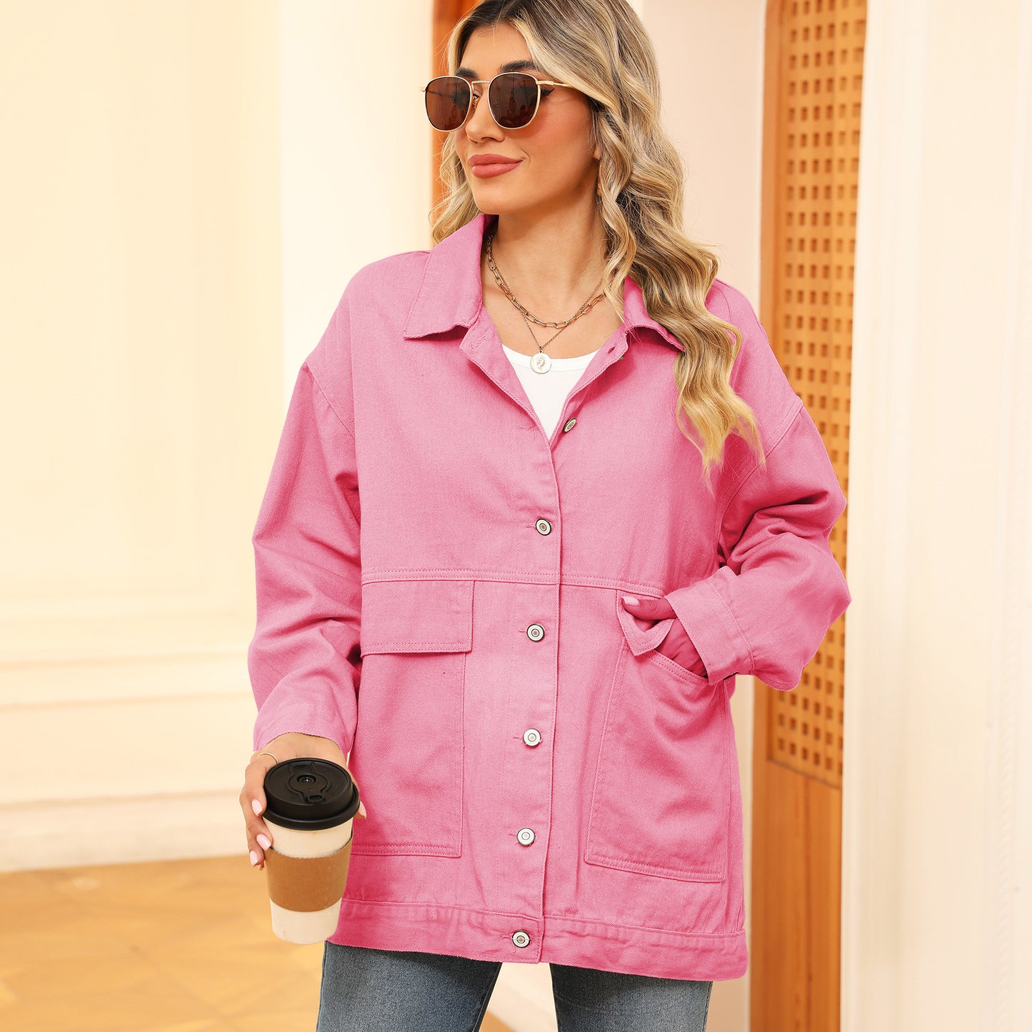 Square-Pocket Cargo Denim Jacket - Loose Women's Outerwear