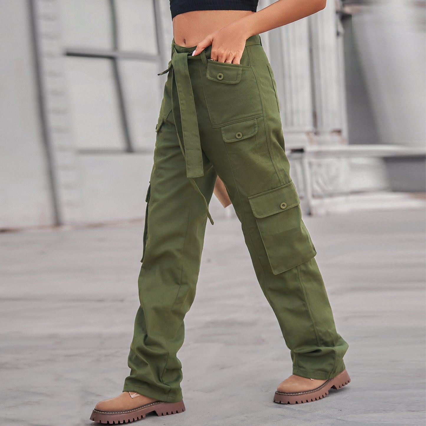 Belted Multi-Pocket Cargo Pant - Women's Loose Straight-Leg Trousers