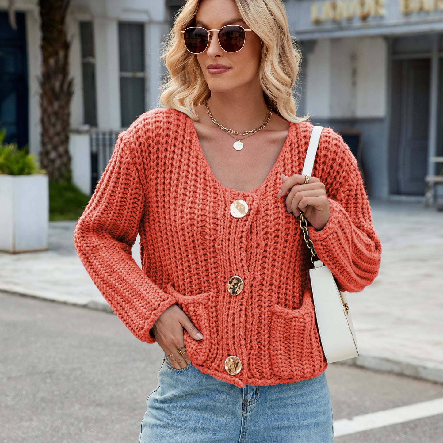 Chunky Knit Cardigan - Short Women's Knitwear with Gold Buttons