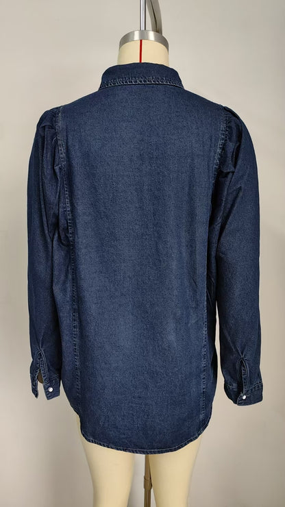 Puff-Sleeve Denim Shirt - Women's Vintage Long-Sleeve Outerwear