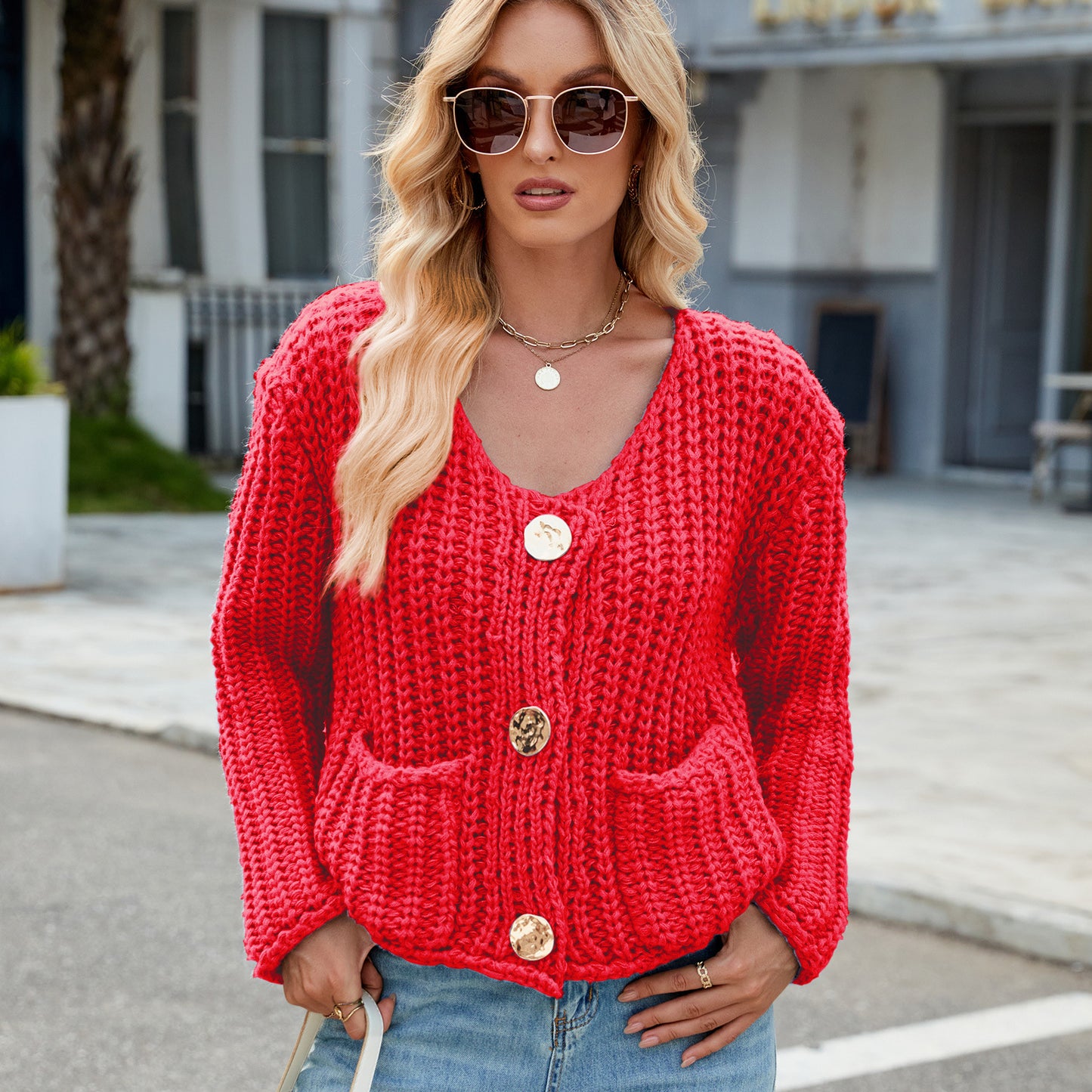 Chunky Knit Cardigan - Short Women's Knitwear with Gold Buttons