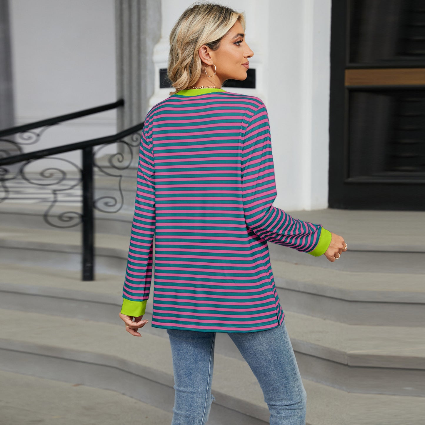 Striped Color-Block Pocket Long-Sleeve Top - Multi-Color Casual Women's T-Shirt