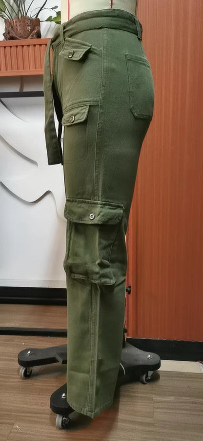 Belted Multi-Pocket Cargo Pant - Women's Loose Straight-Leg Trousers