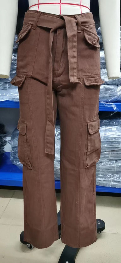 Belted Multi-Pocket Cargo Pant - Women's Loose Straight-Leg Trousers