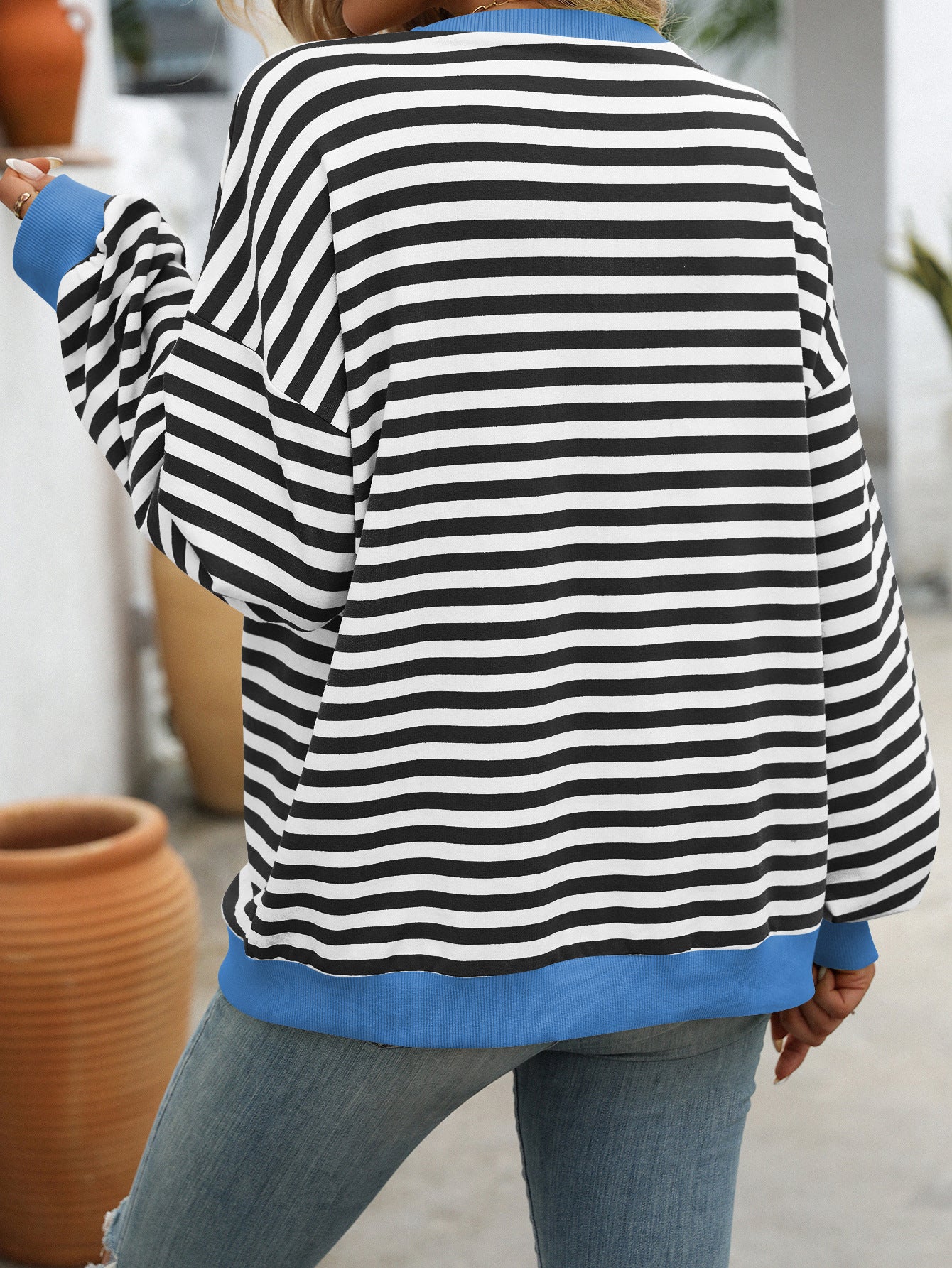 Striped Color-Block Sweatshirt - Multi-Color Loose-Fit Women's T - Shirt