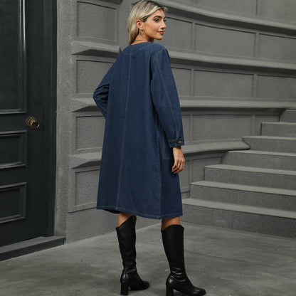 Dark Blue Long Denim Jacket - Women's V-Neck Cardigan Style Outerwear