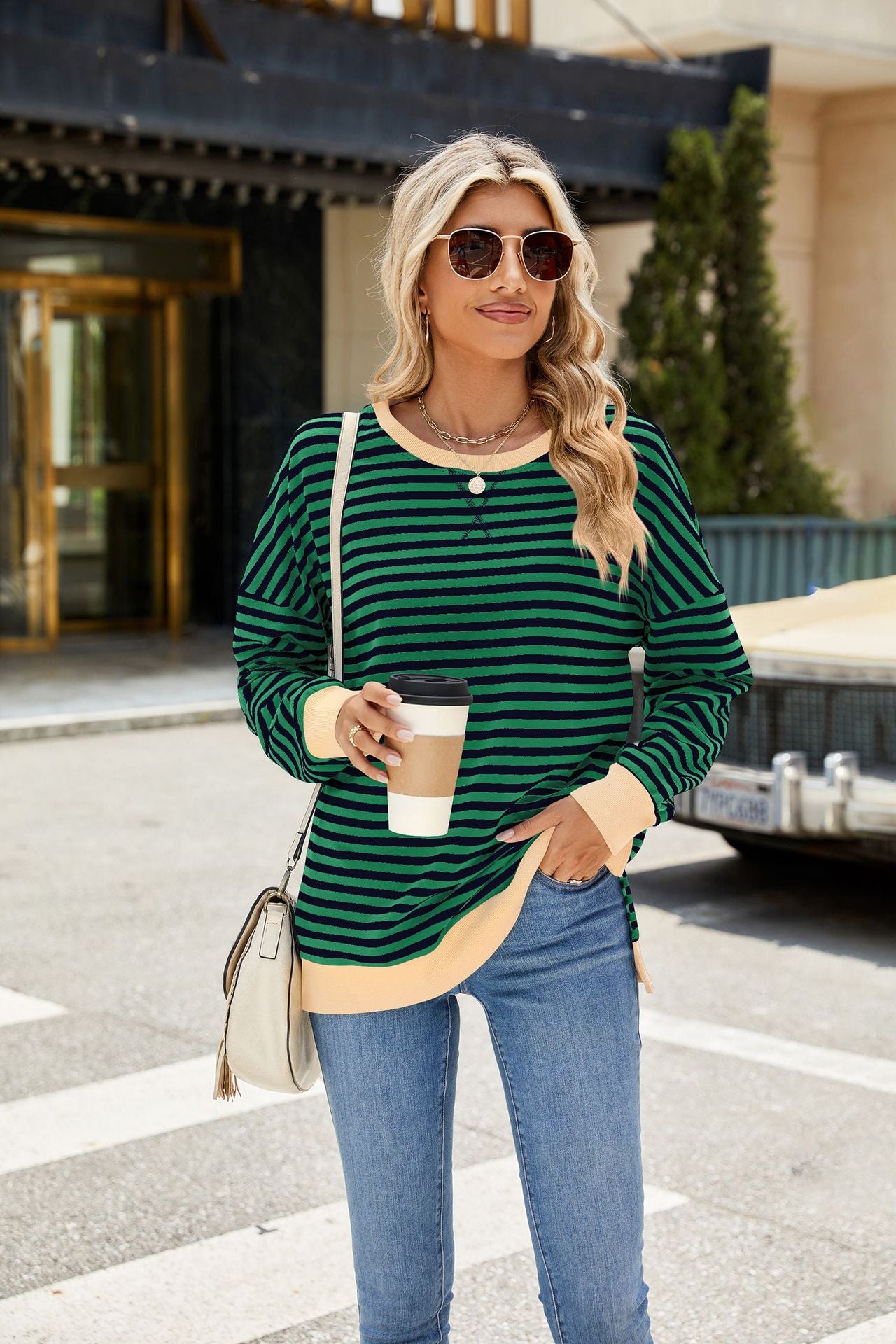 Striped Color-Block Slit Long-Sleeve Top - Multi-Color Casual Women's T-Shirt