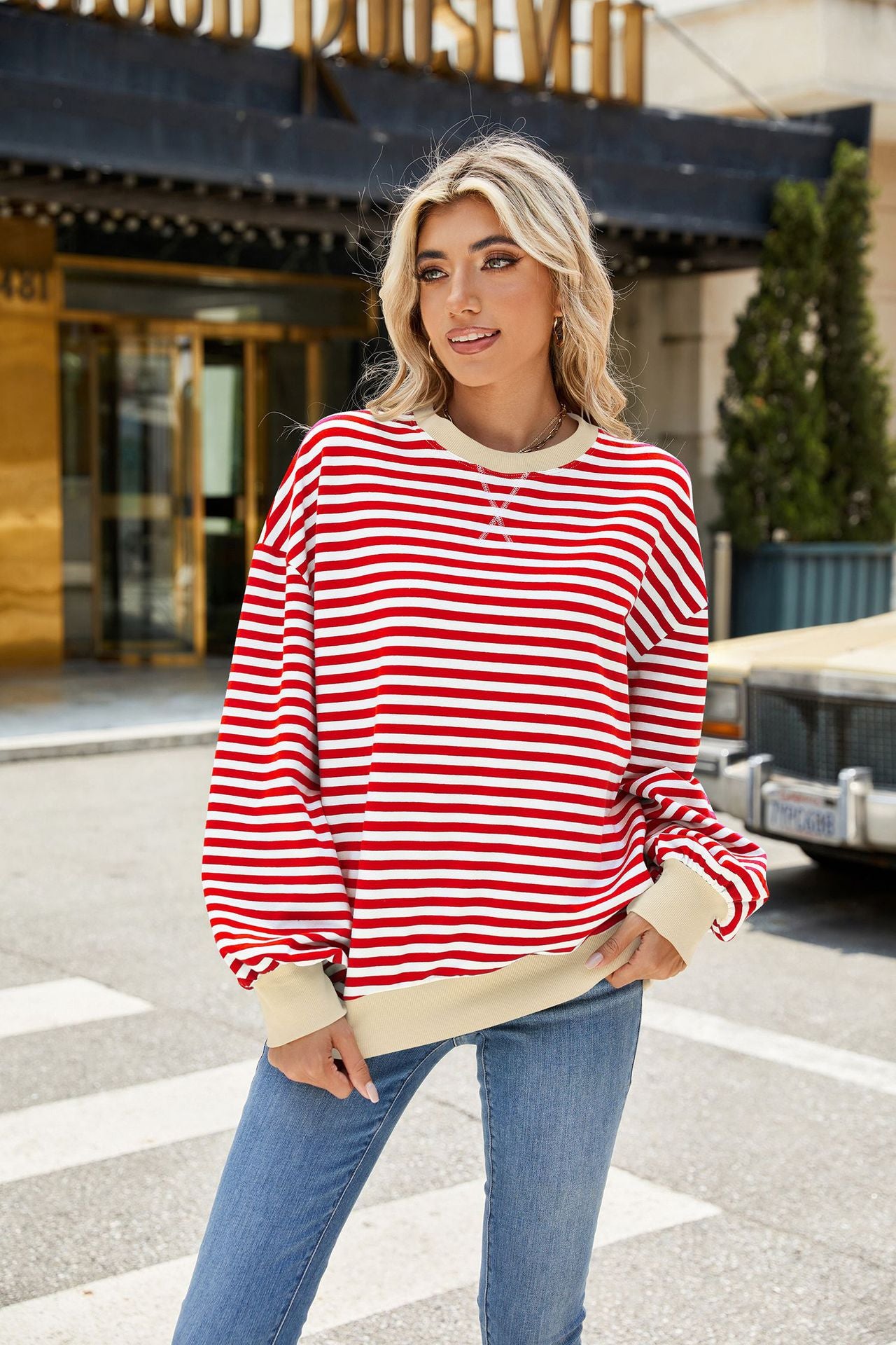 Striped Color-Block Long-Sleeve Top - Multi-Color Casual Women's T-Shirt