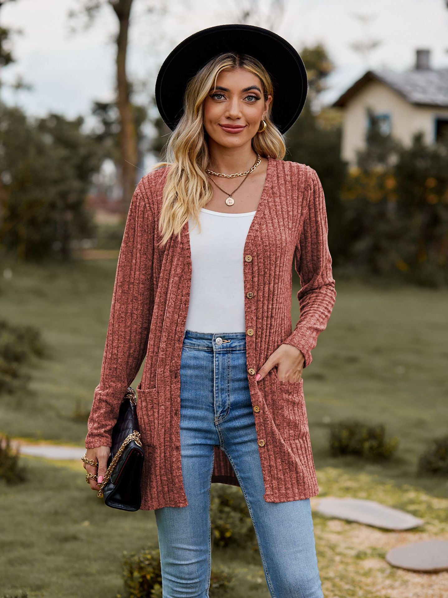 Rib - Knit Cardigan - Multi - Color Long Women's Knitwear