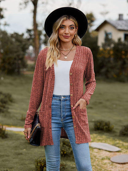 Rib - Knit Cardigan - Multi - Color Long Women's Knitwear