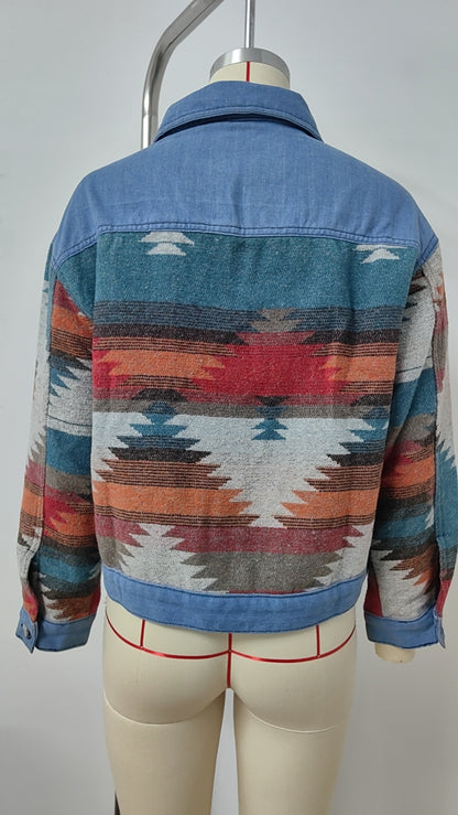 Ethnic Style Patchwork Denim Jacket - Color-Block Printed Women's Outerwear