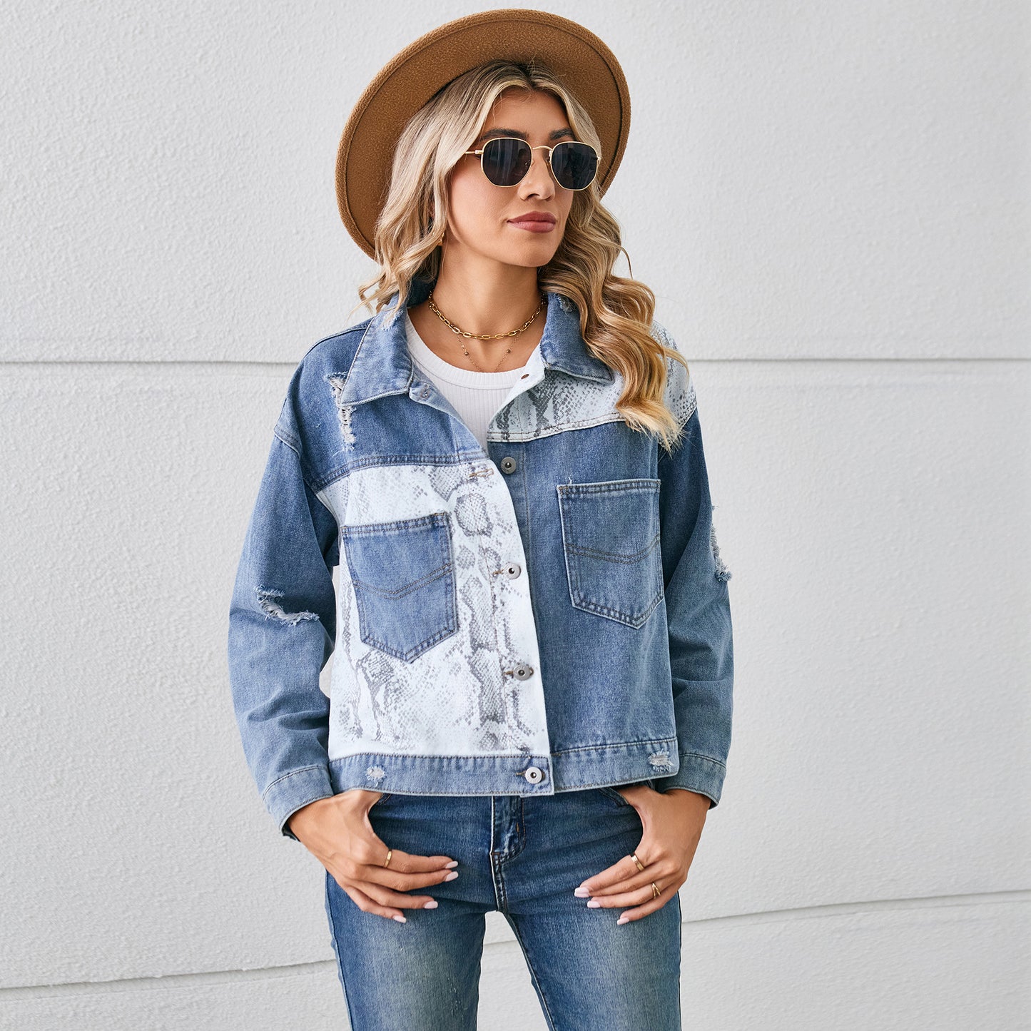 Animal Print Patchwork Denim Jacket - Women's Printed Short Outerwear