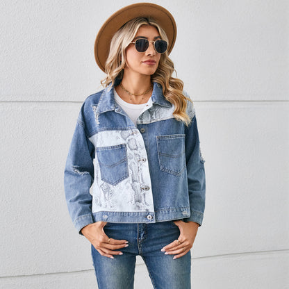 Animal Print Patchwork Denim Jacket - Women's Printed Short Outerwear