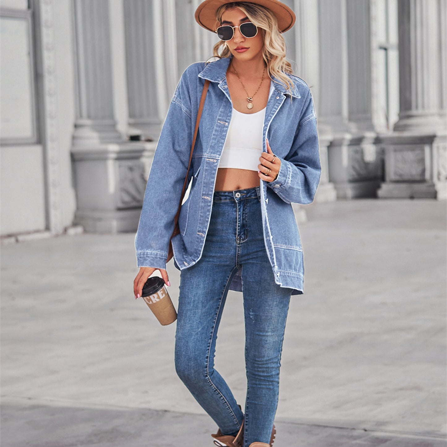 Square-Pocket Cargo Denim Jacket - Loose Women's Outerwear