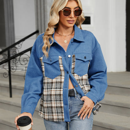 Plaid Patchwork Denim Jacket - Women's Loose Long-Sleeve Outerwear