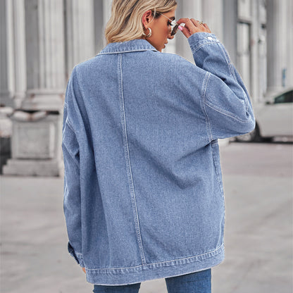 Square-Pocket Cargo Denim Jacket - Loose Women's Outerwear