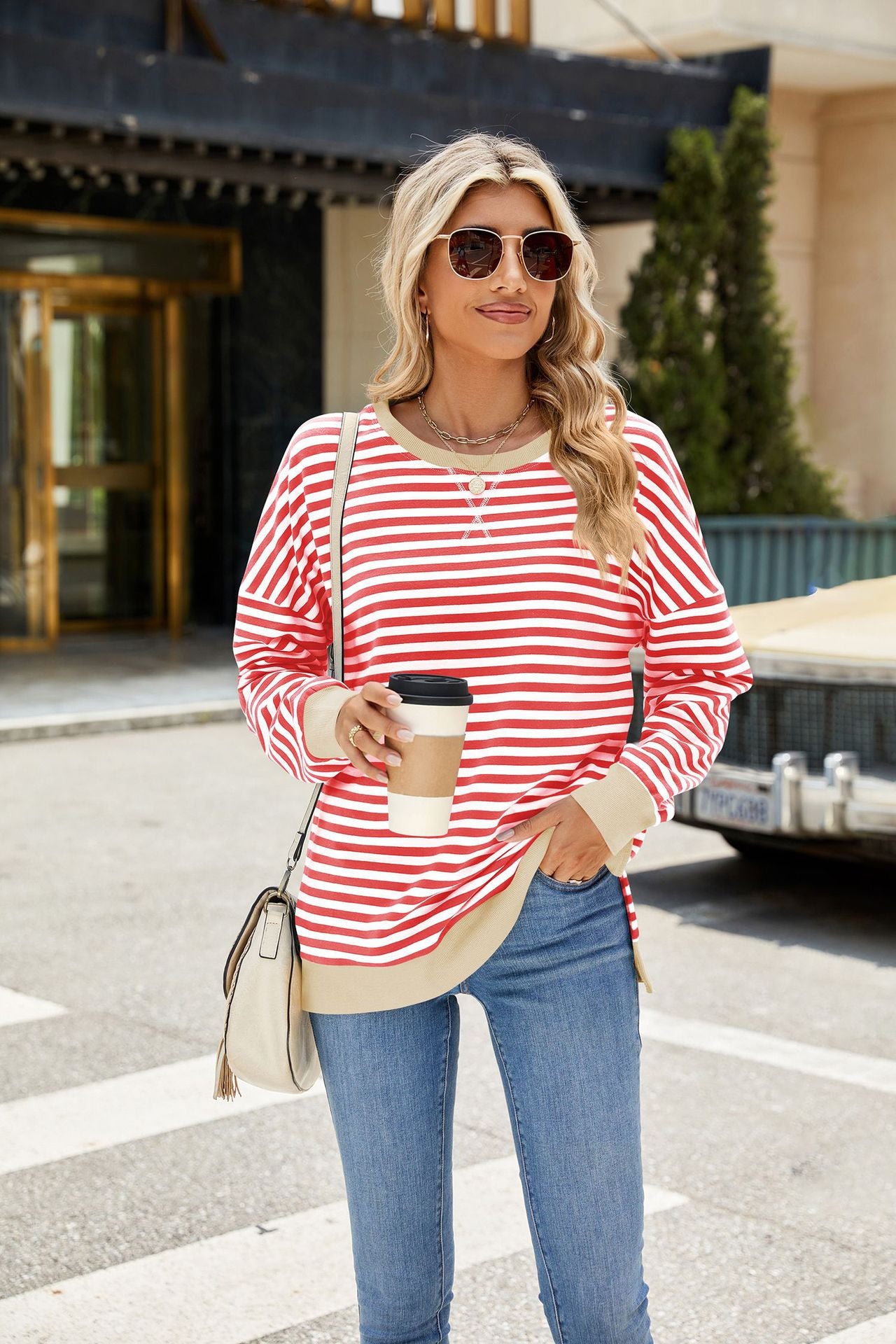 Striped Color-Block Slit Long-Sleeve Top - Multi-Color Casual Women's T-Shirt