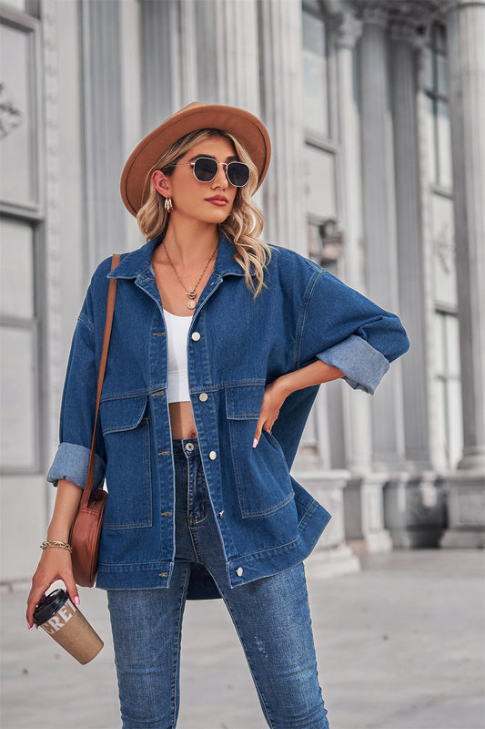 Square-Pocket Cargo Denim Jacket - Loose Women's Outerwear