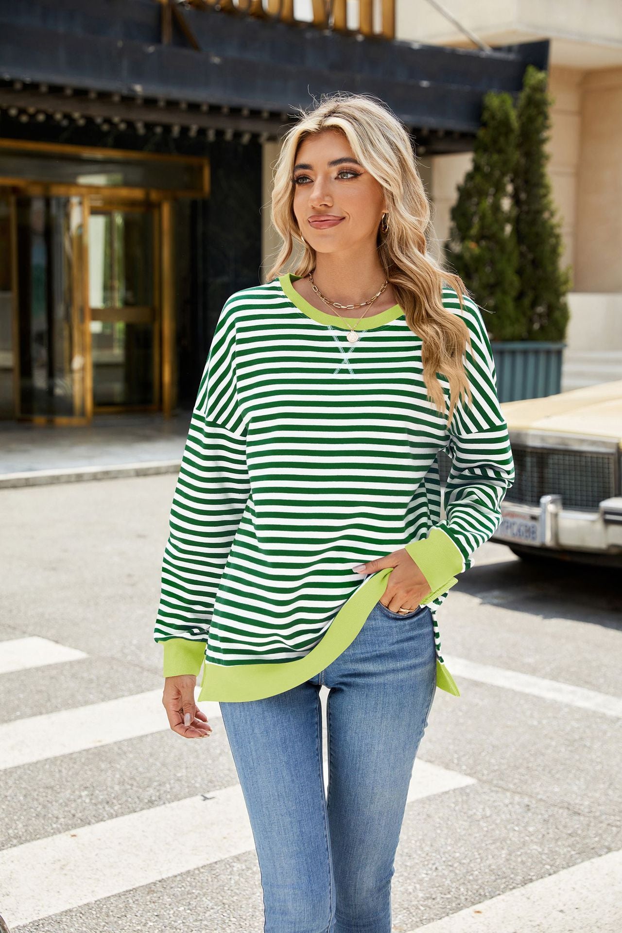 Striped Color-Block Slit Long-Sleeve Top - Multi-Color Casual Women's T-Shirt