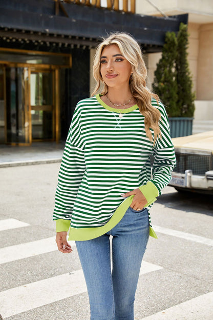 Striped Color-Block Slit Long-Sleeve Top - Multi-Color Casual Women's T-Shirt