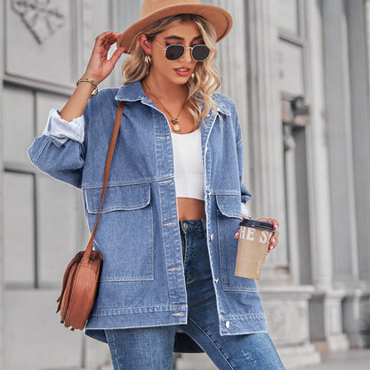 Square-Pocket Cargo Denim Jacket - Loose Women's Outerwear