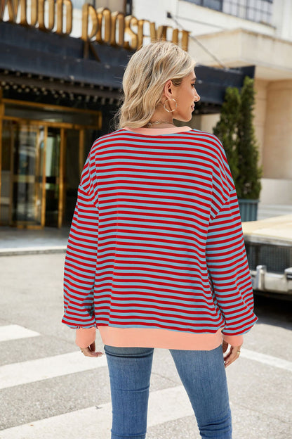 Striped Color-Block Long-Sleeve Top - Multi-Color Casual Women's T-Shirt