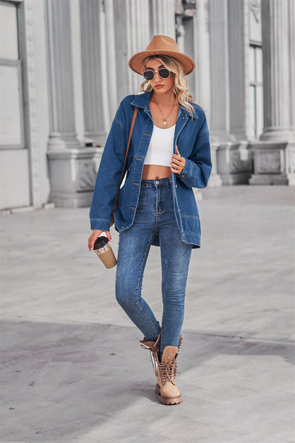 Square-Pocket Cargo Denim Jacket - Loose Women's Outerwear