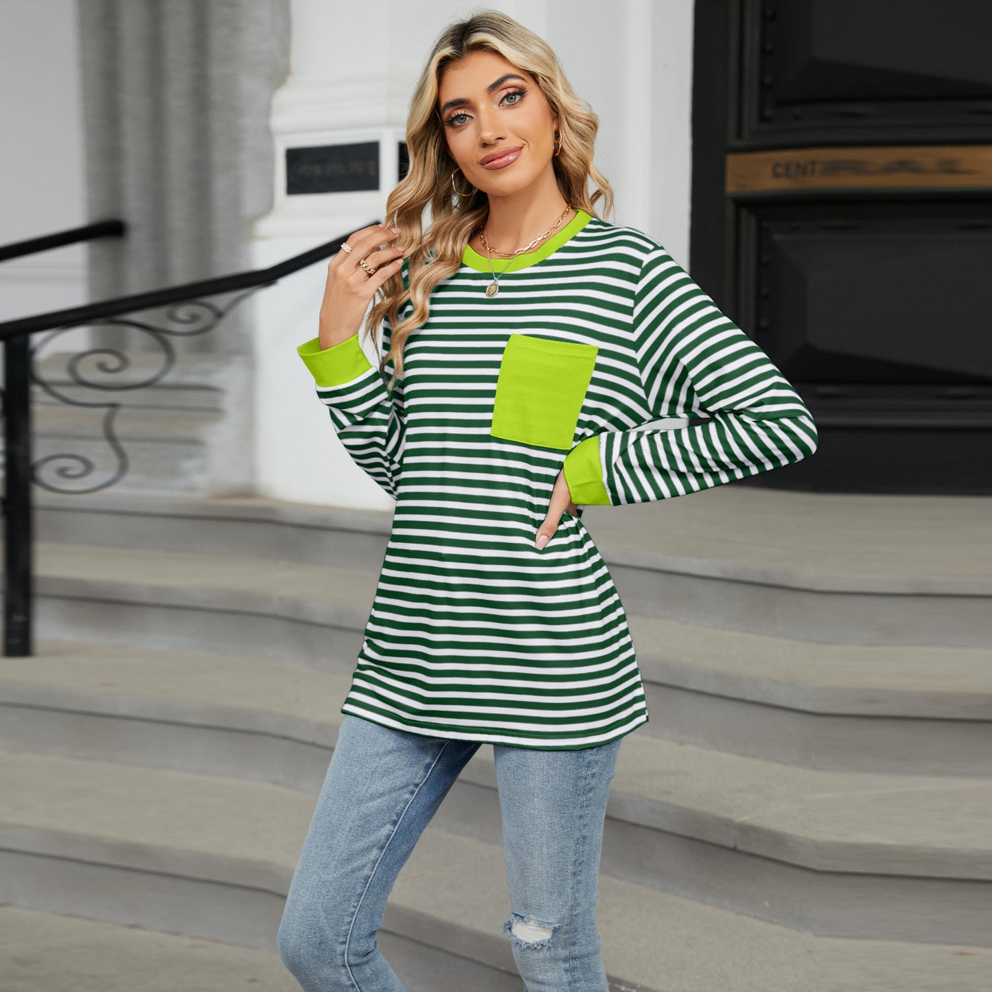Striped Color-Block Pocket Long-Sleeve Top - Multi-Color Casual Women's T-Shirt