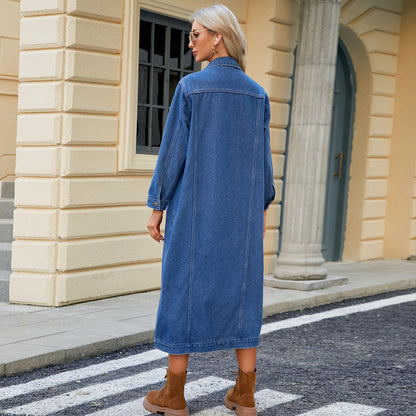 Classic Long Denim Coat - Blue Trench-Style Women's Outerwear