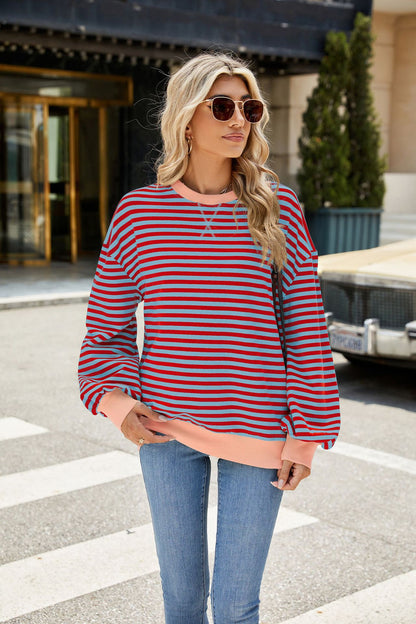 Striped Color-Block Long-Sleeve Top - Multi-Color Casual Women's T-Shirt