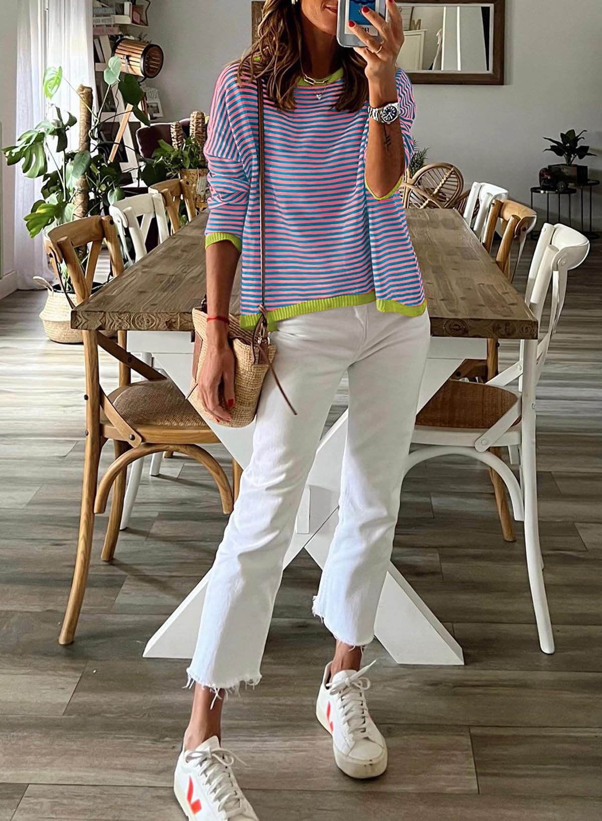Pinstriped Color-Block Top - Multi-Color Loose-Fit Women's T-Shirt