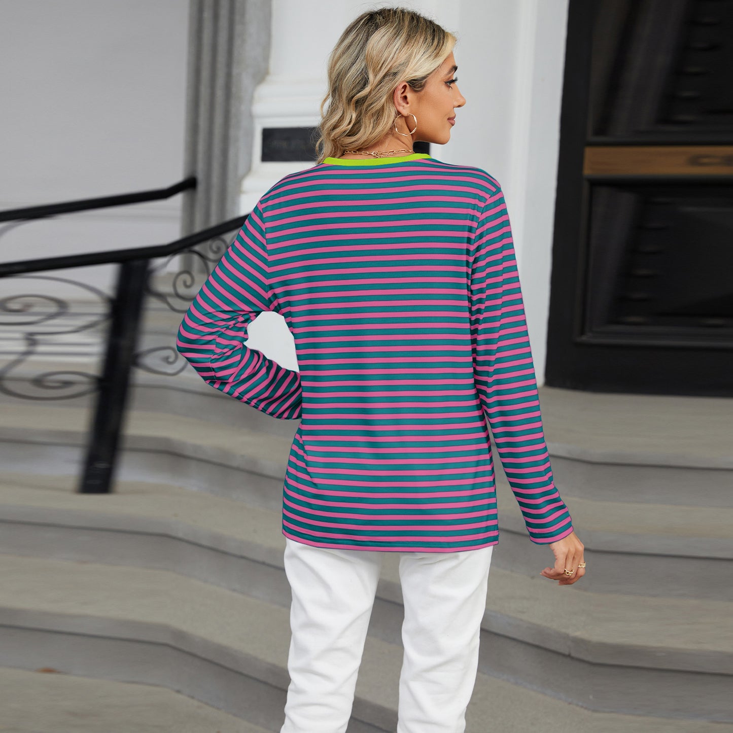 Striped Color-Block V-Neck Long-Sleeve Top - Multi-Color Button Women's T-Shirt