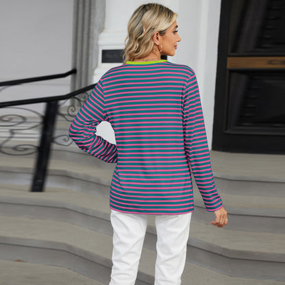 Striped Color-Block V-Neck Long-Sleeve Top - Multi-Color Button Women's T-Shirt