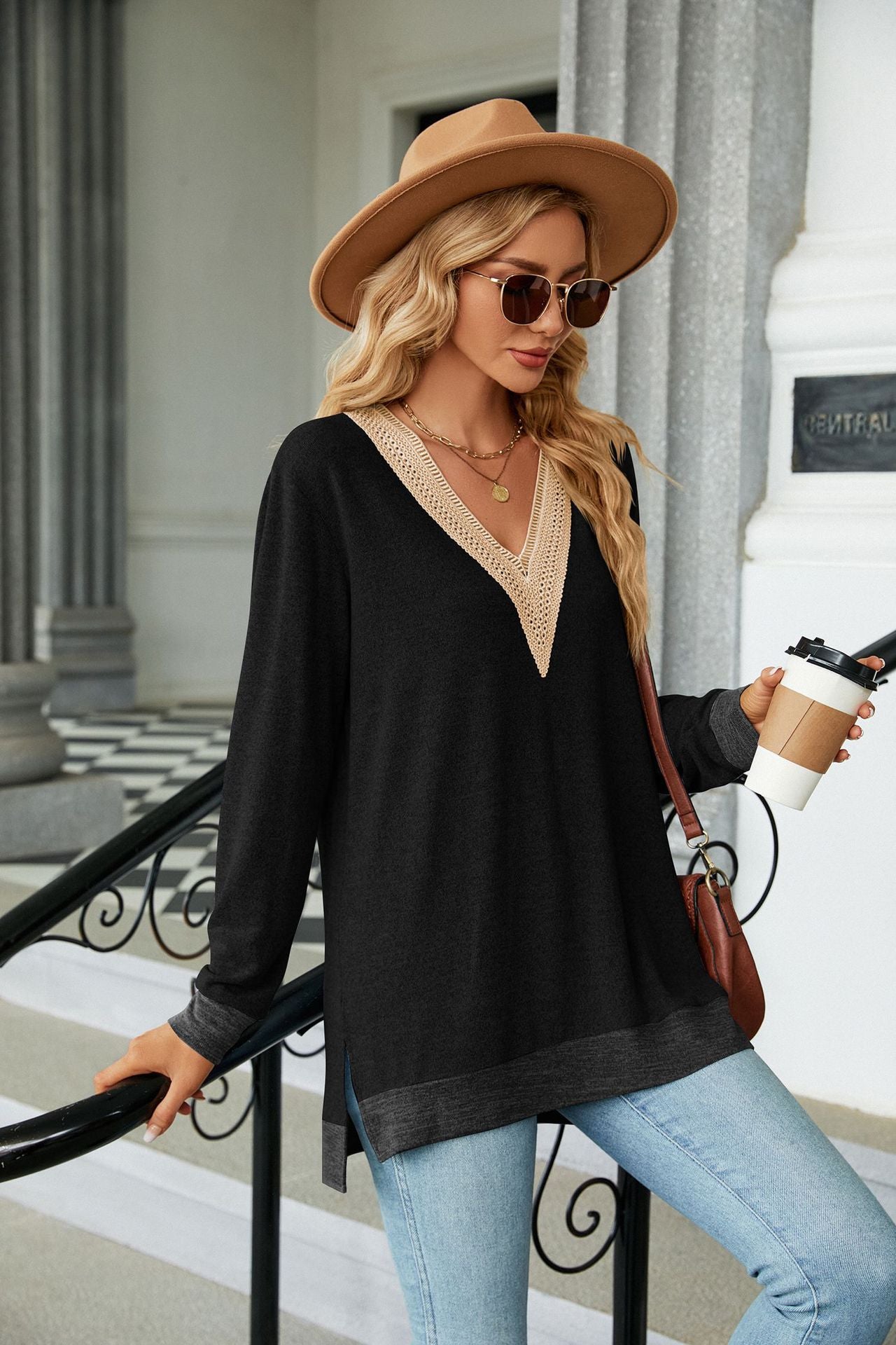 Lace-Embellished V-Neck Top - Multi-Colored Long-Sleeve Women's T-Shirt