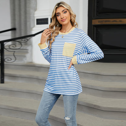 Striped Color-Block Pocket Long-Sleeve Top - Multi-Color Casual Women's T-Shirt