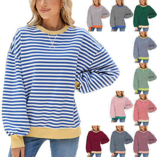 Striped Color-Block Long-Sleeve Top - Multi-Color Casual Women's T-Shirt