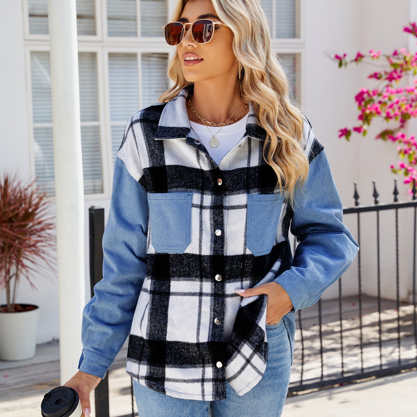 Plaid Patchwork Denim Shirt - Women's Loose Long-Sleeve Outerwear