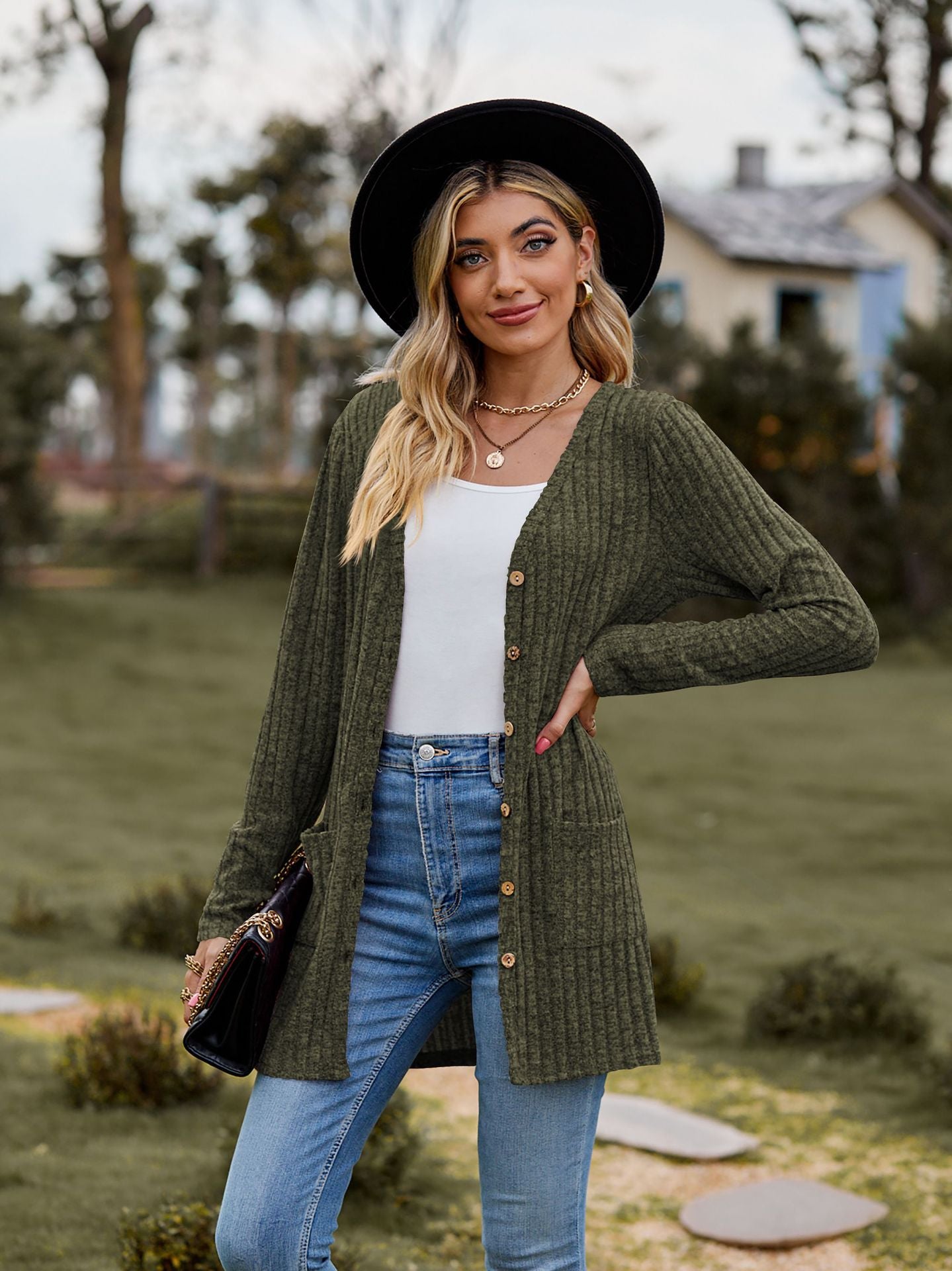 Rib - Knit Cardigan - Multi - Color Long Women's Knitwear