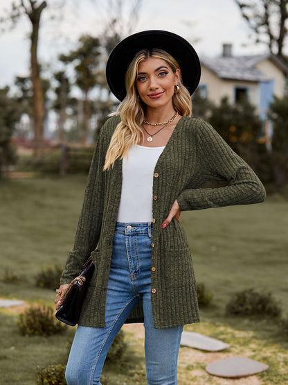Rib - Knit Cardigan - Multi - Color Long Women's Knitwear