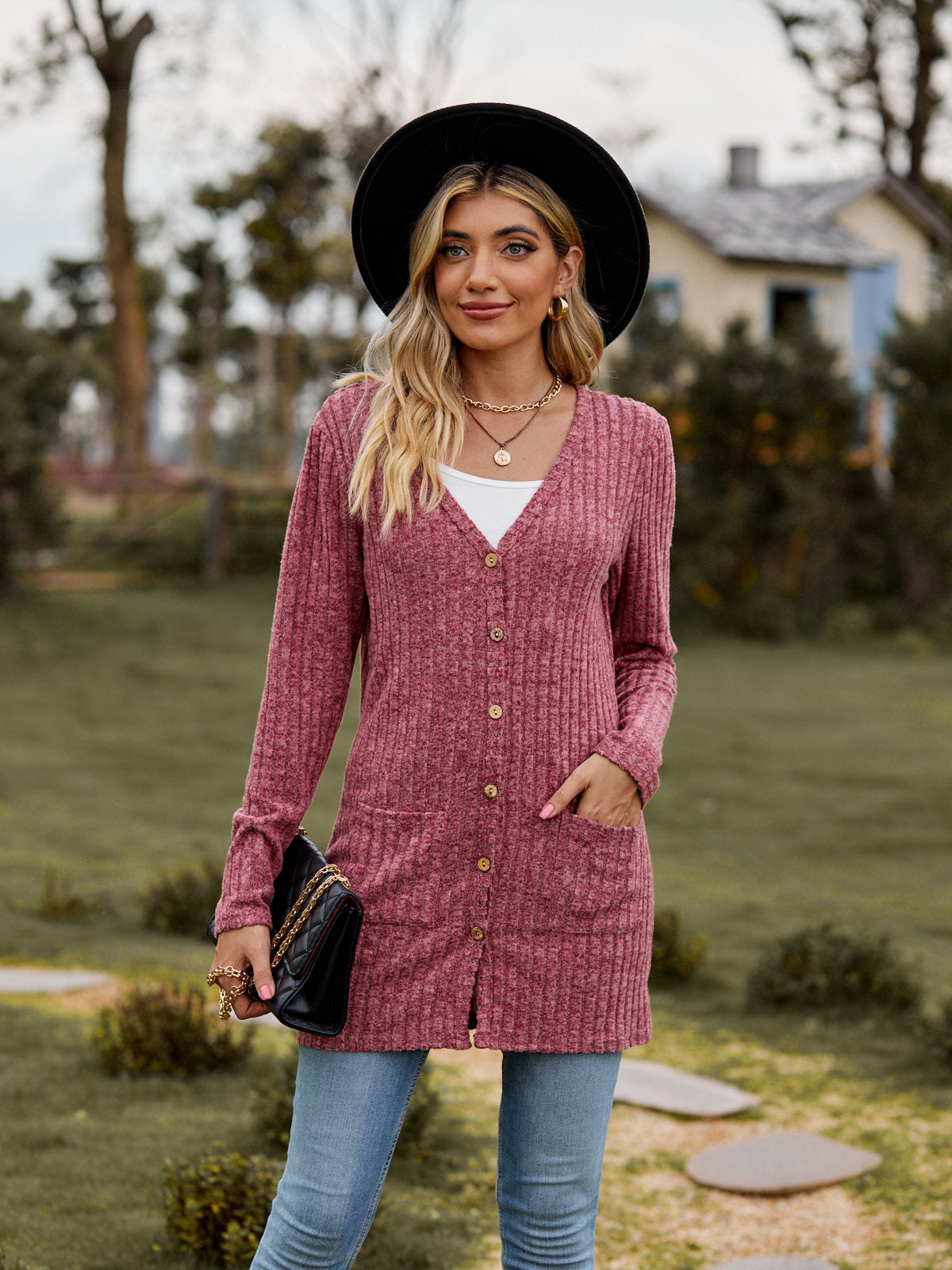Rib - Knit Cardigan - Multi - Color Long Women's Knitwear
