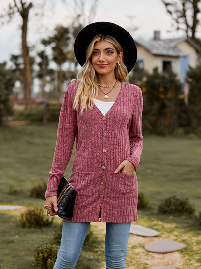 Rib - Knit Cardigan - Multi - Color Long Women's Knitwear