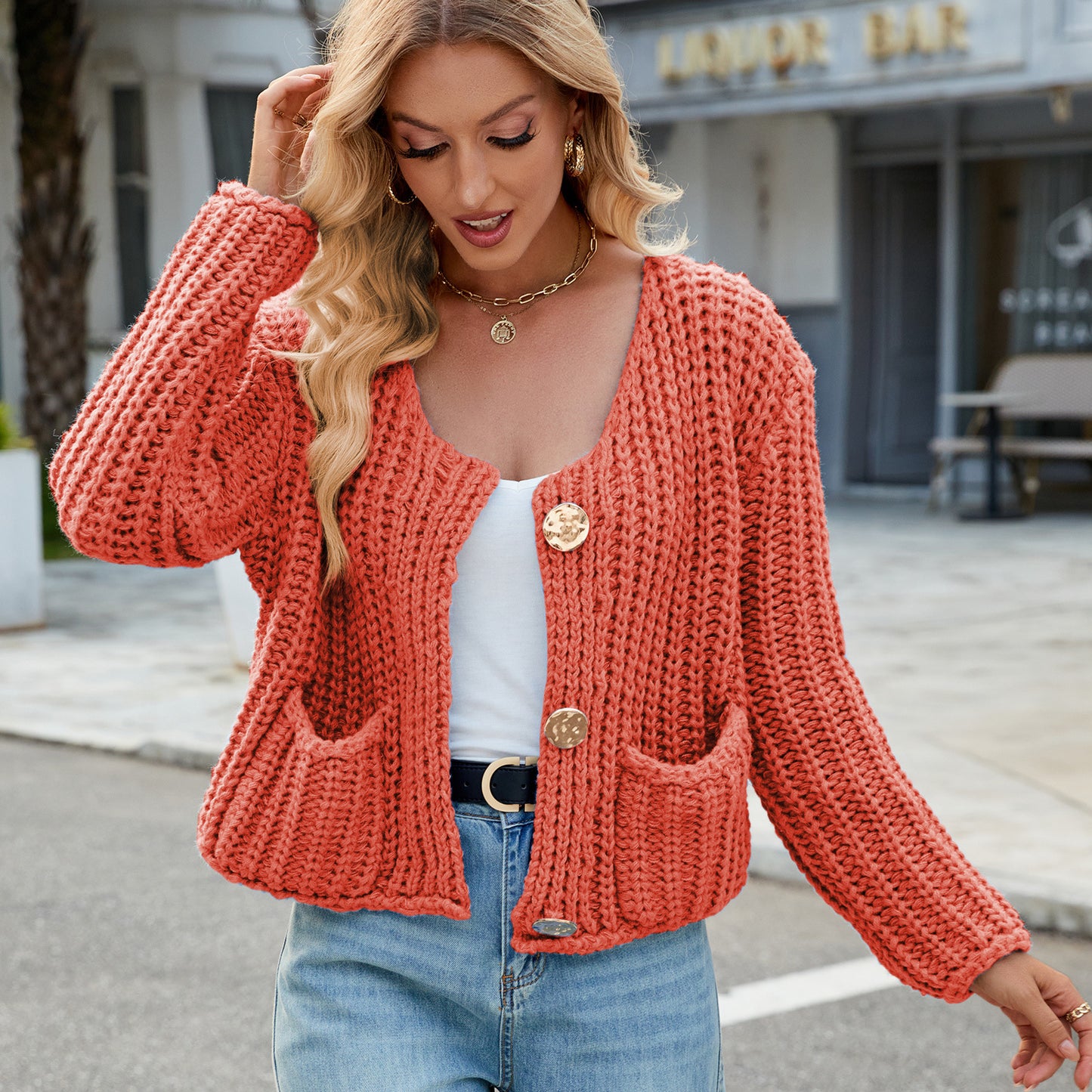 Chunky Knit Cardigan - Short Women's Knitwear with Gold Buttons
