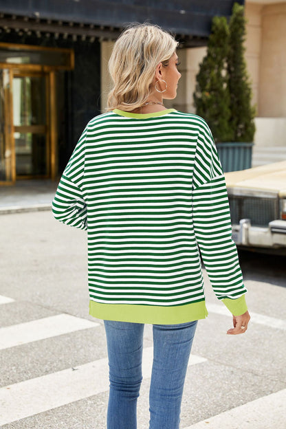 Striped Color-Block Slit Long-Sleeve Top - Multi-Color Casual Women's T-Shirt