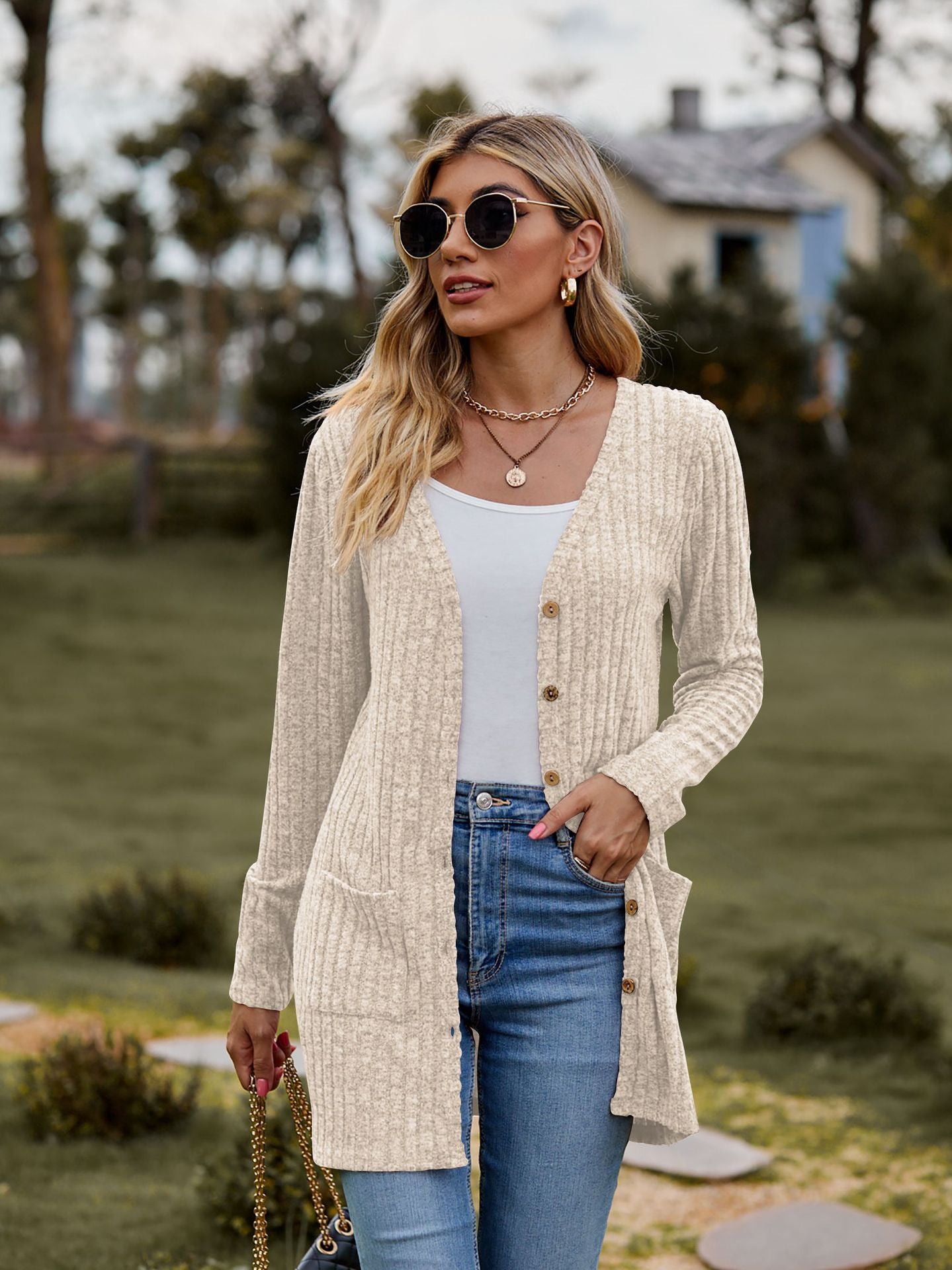 Rib - Knit Cardigan - Multi - Color Long Women's Knitwear