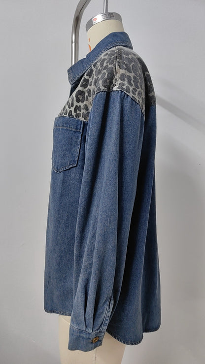 Leopard Print Patchwork Denim Shirt - Loose-Fit Women's Outerwear