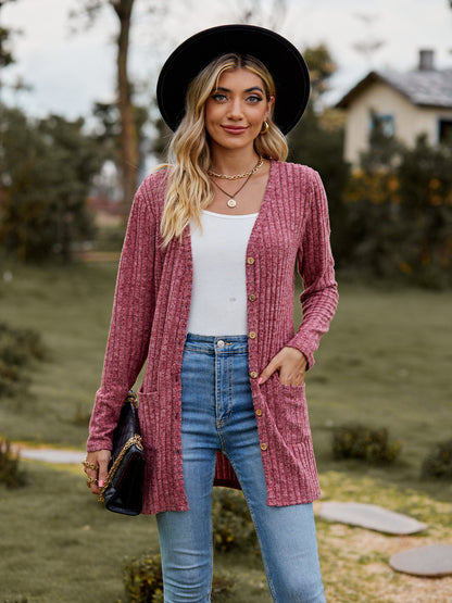 Rib - Knit Cardigan - Multi - Color Long Women's Knitwear