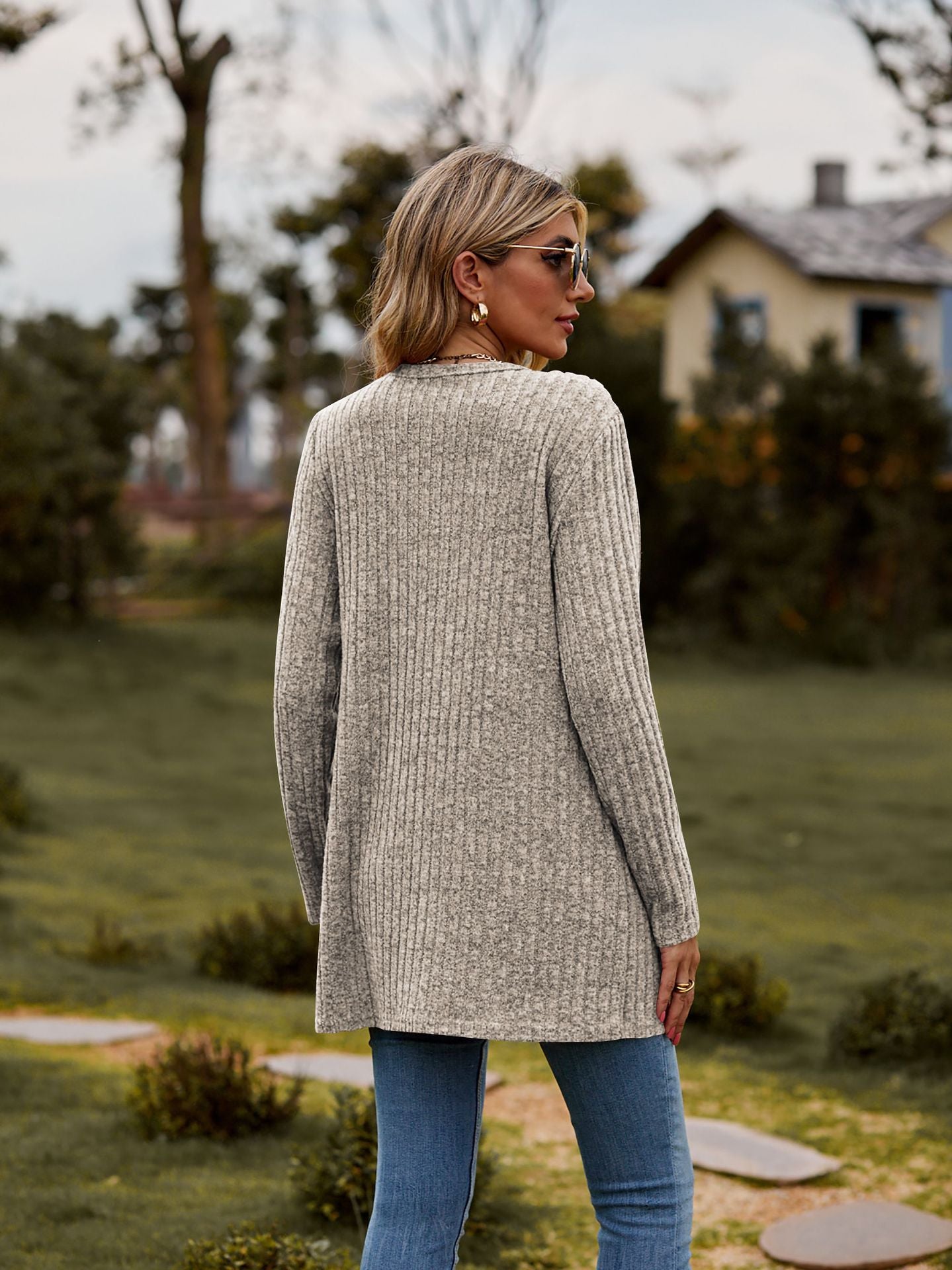 Rib - Knit Cardigan - Multi - Color Long Women's Knitwear