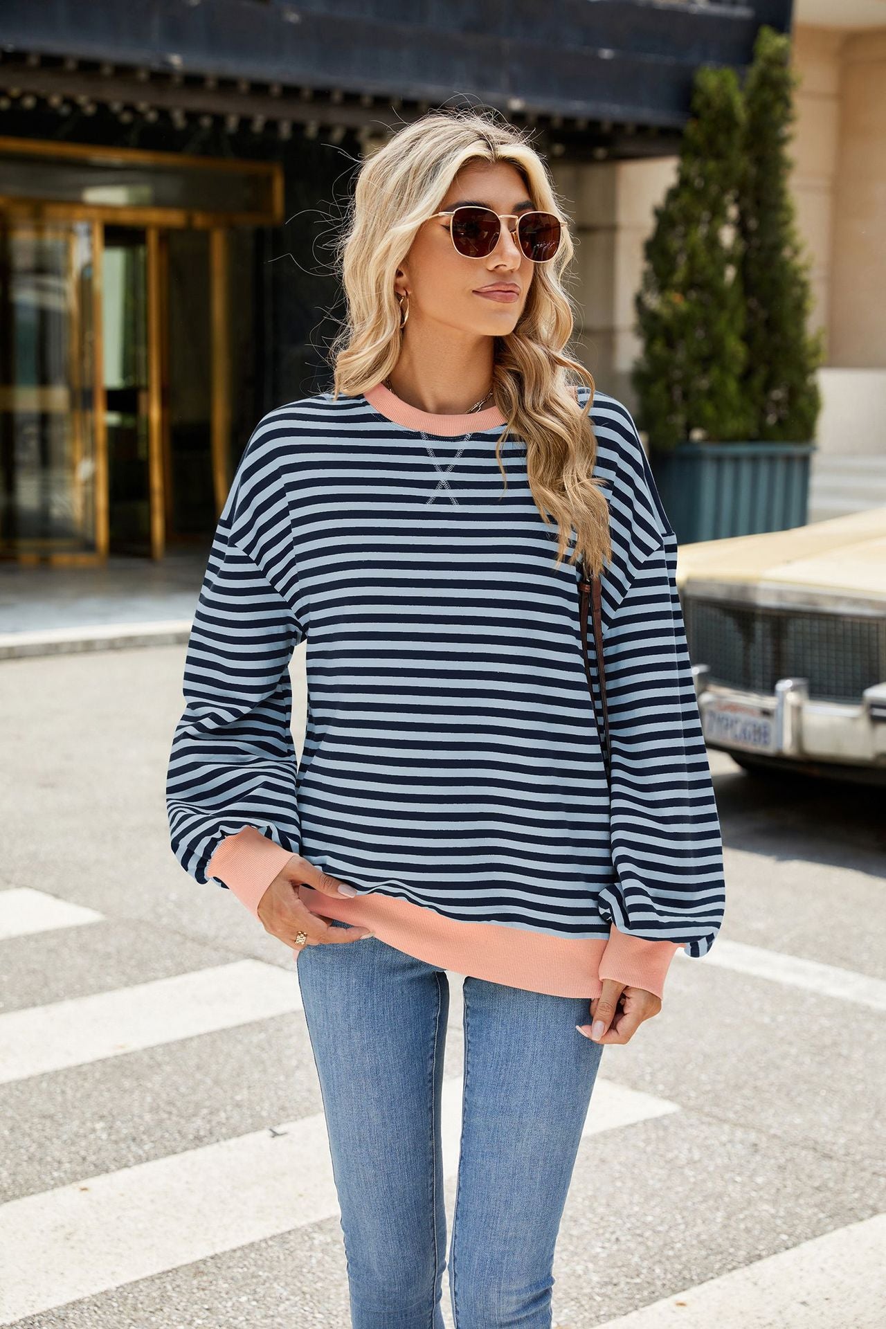 Striped Color-Block Long-Sleeve Top - Multi-Color Casual Women's T-Shirt