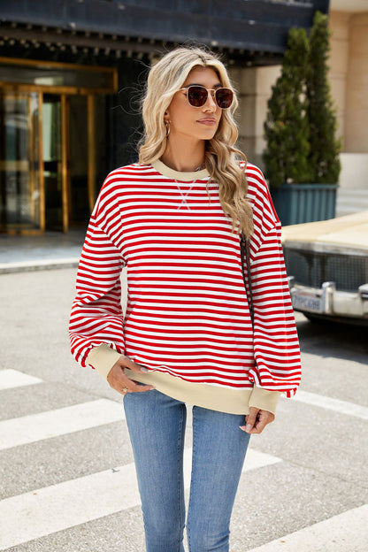 Striped Color-Block Long-Sleeve Top - Multi-Color Casual Women's T-Shirt